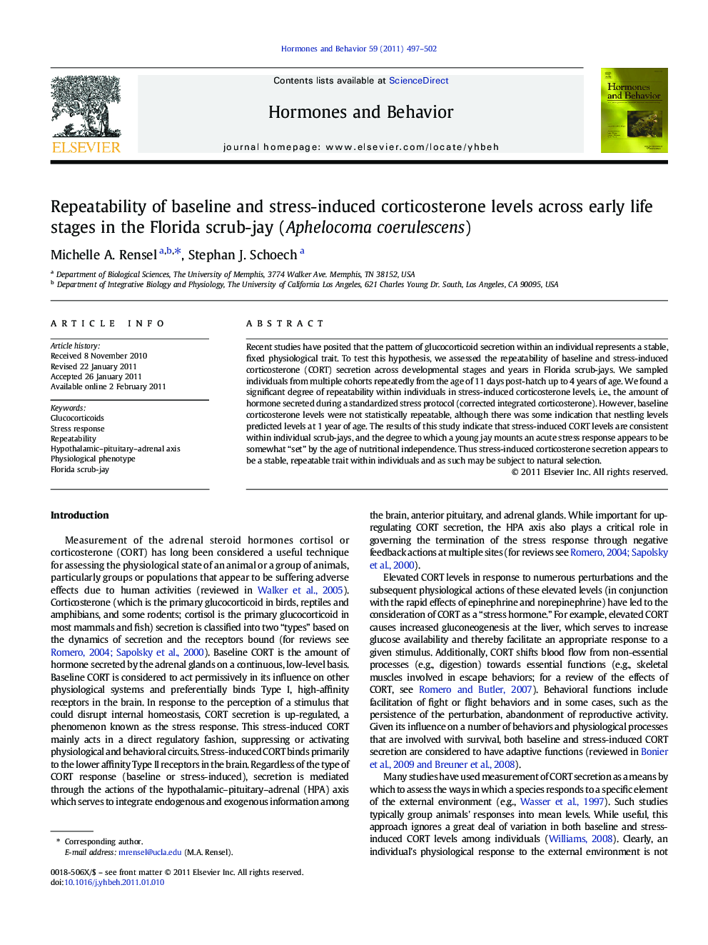 Repeatability of baseline and stress-induced corticosterone levels across early life stages in the Florida scrub-jay (Aphelocoma coerulescens)