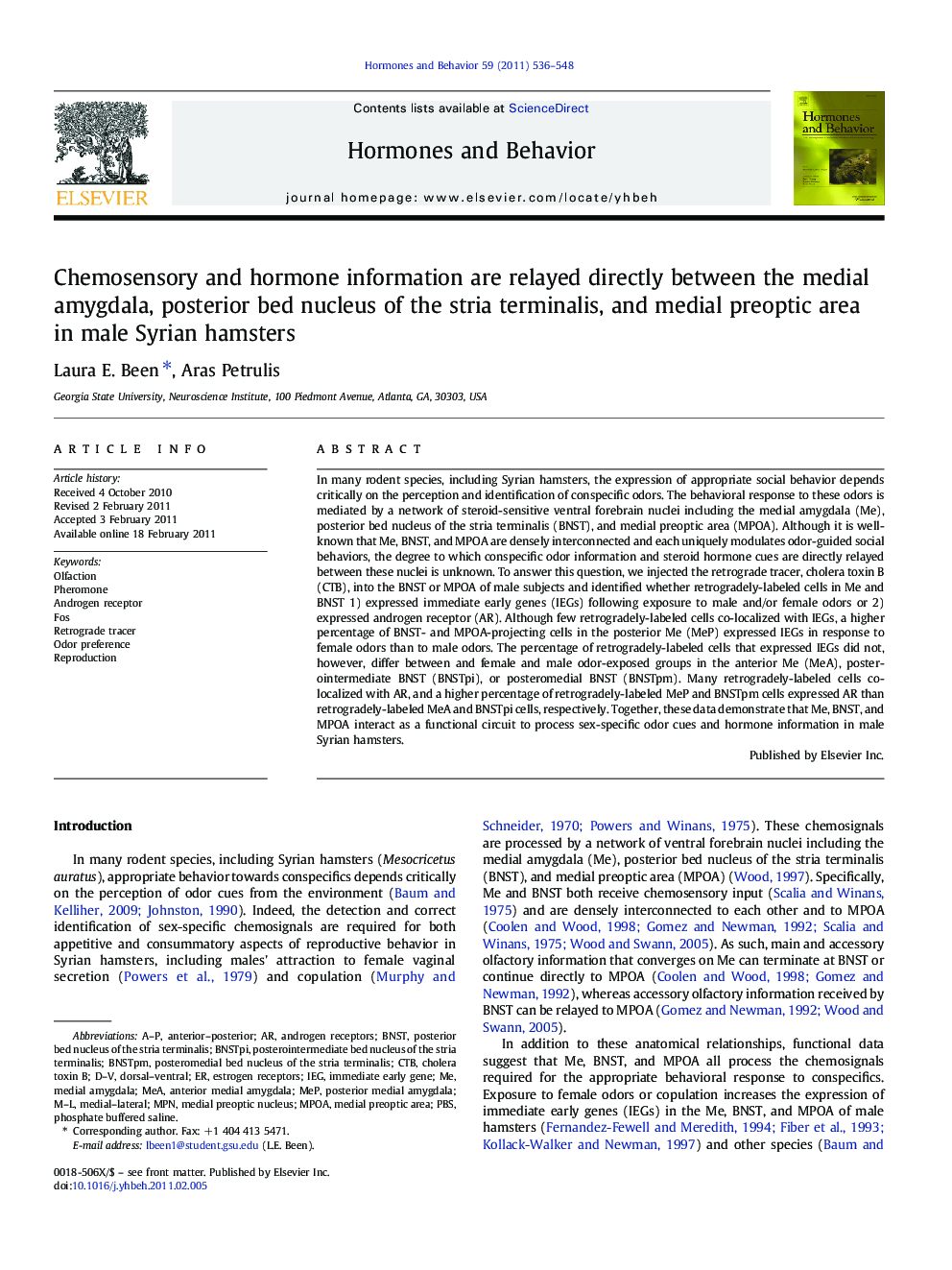 Chemosensory and hormone information are relayed directly between the medial amygdala, posterior bed nucleus of the stria terminalis, and medial preoptic area in male Syrian hamsters