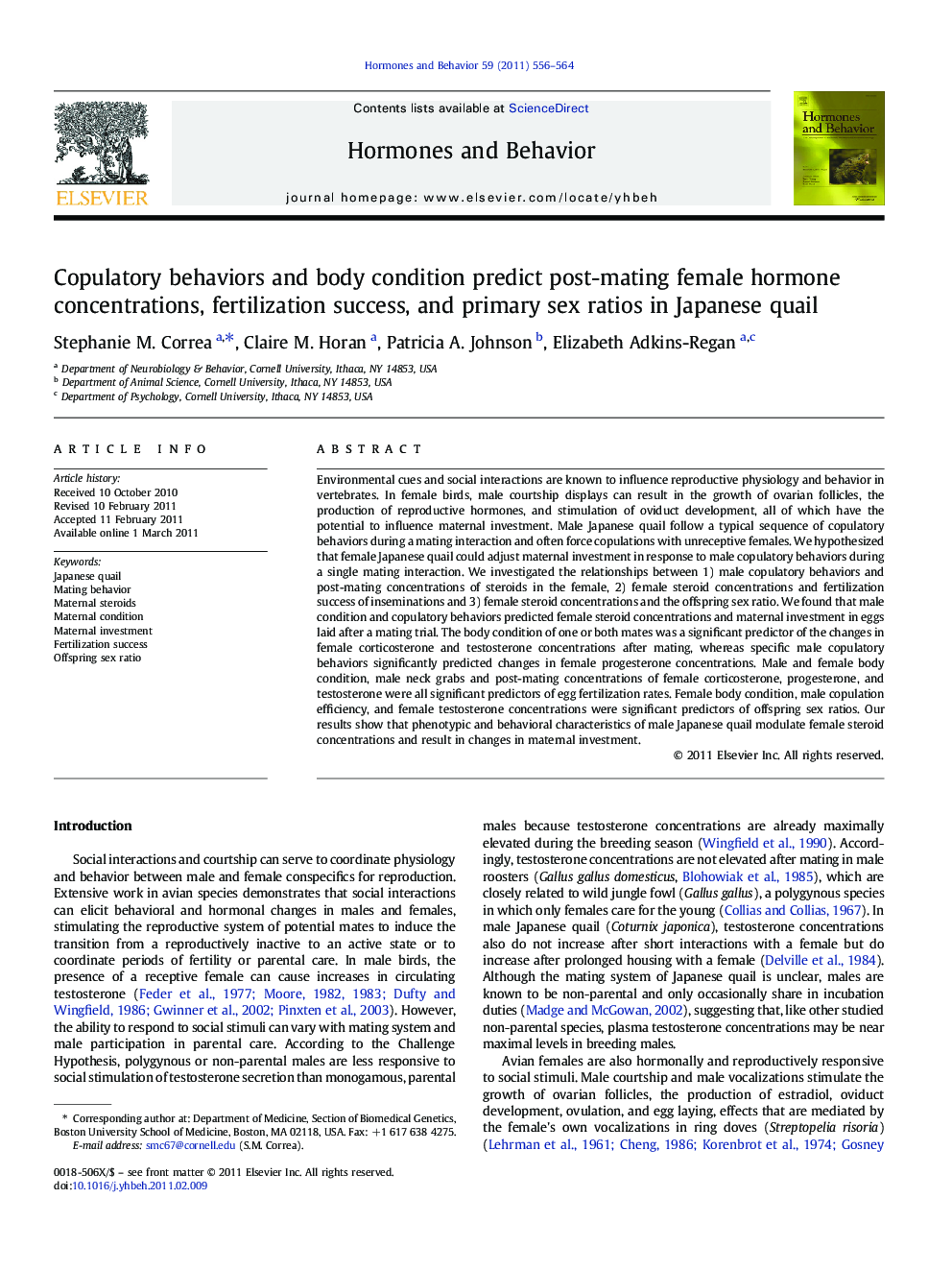 Copulatory behaviors and body condition predict post-mating female hormone concentrations, fertilization success, and primary sex ratios in Japanese quail