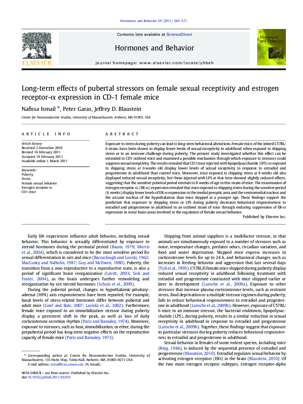 Long-term effects of pubertal stressors on female sexual receptivity and estrogen receptor-α expression in CD-1 female mice