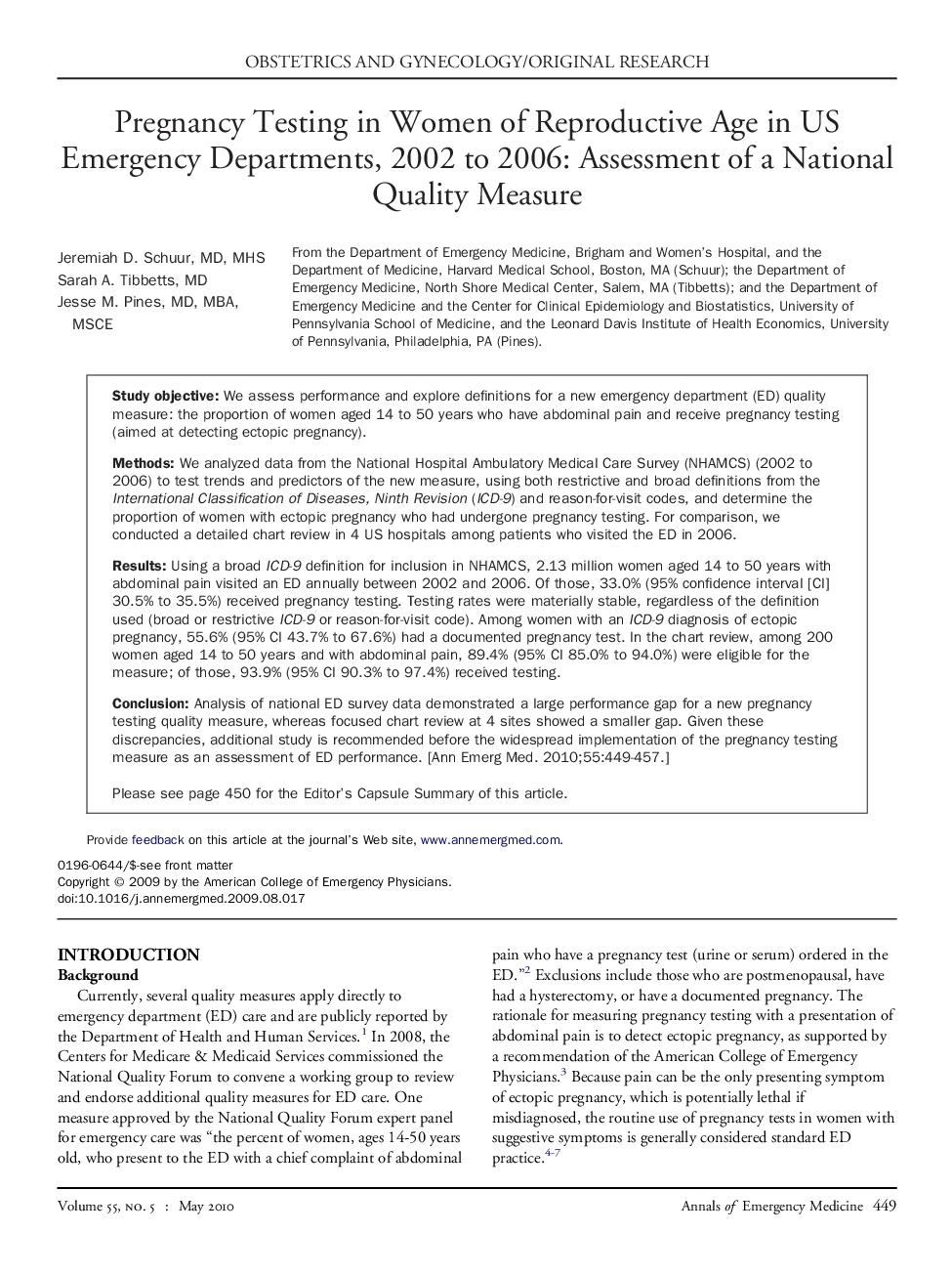 Pregnancy Testing in Women of Reproductive Age in US Emergency Departments, 2002 to 2006: Assessment of a National Quality Measure