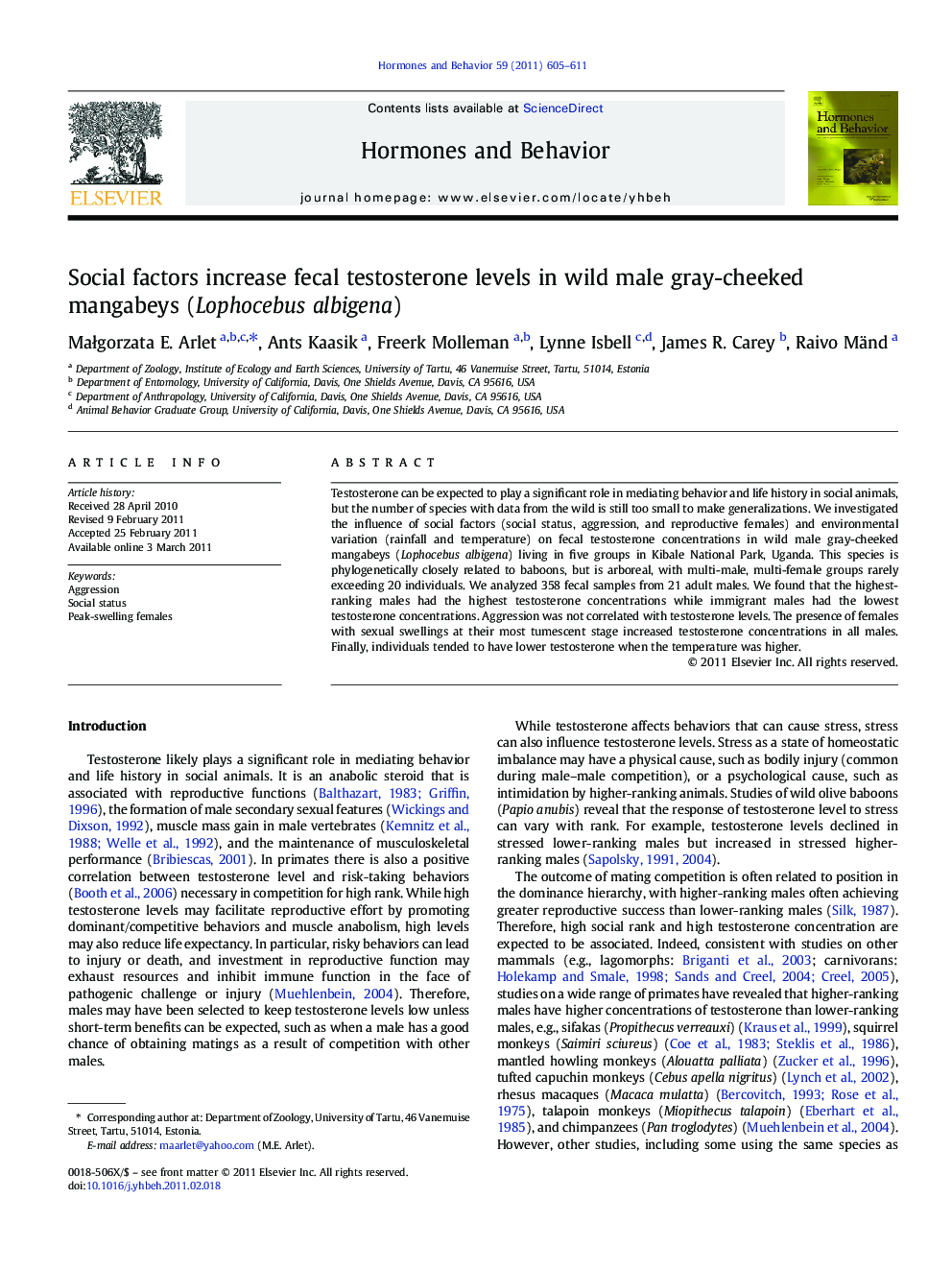 Social factors increase fecal testosterone levels in wild male gray-cheeked mangabeys (Lophocebus albigena)