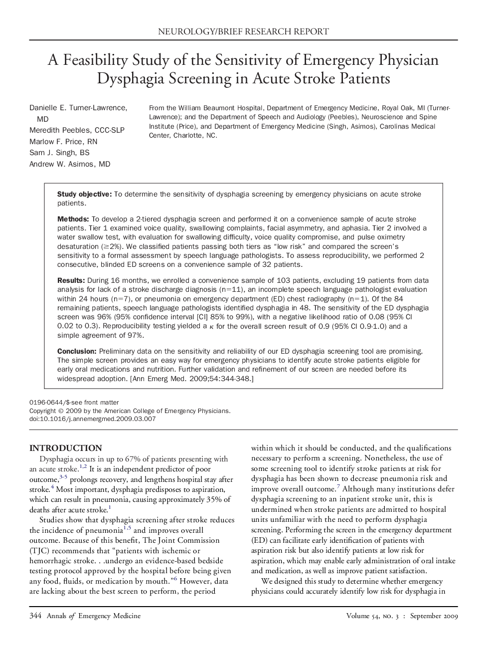 A Feasibility Study of the Sensitivity of Emergency Physician Dysphagia Screening in Acute Stroke Patients