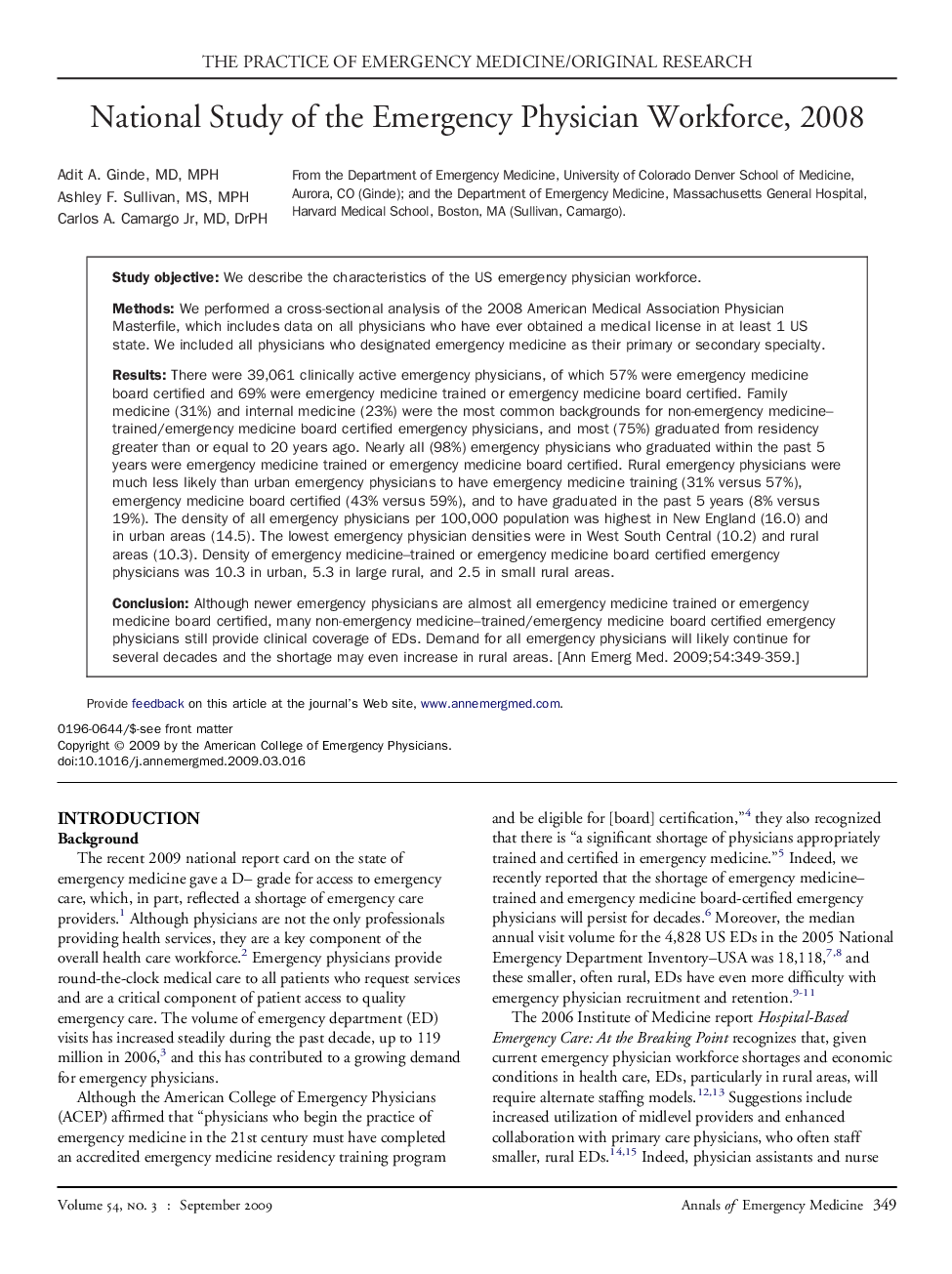 National Study of the Emergency Physician Workforce, 2008 