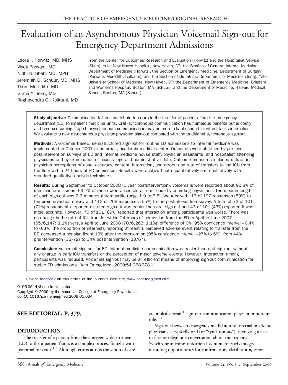 Evaluation of an Asynchronous Physician Voicemail Sign-out for Emergency Department Admissions 