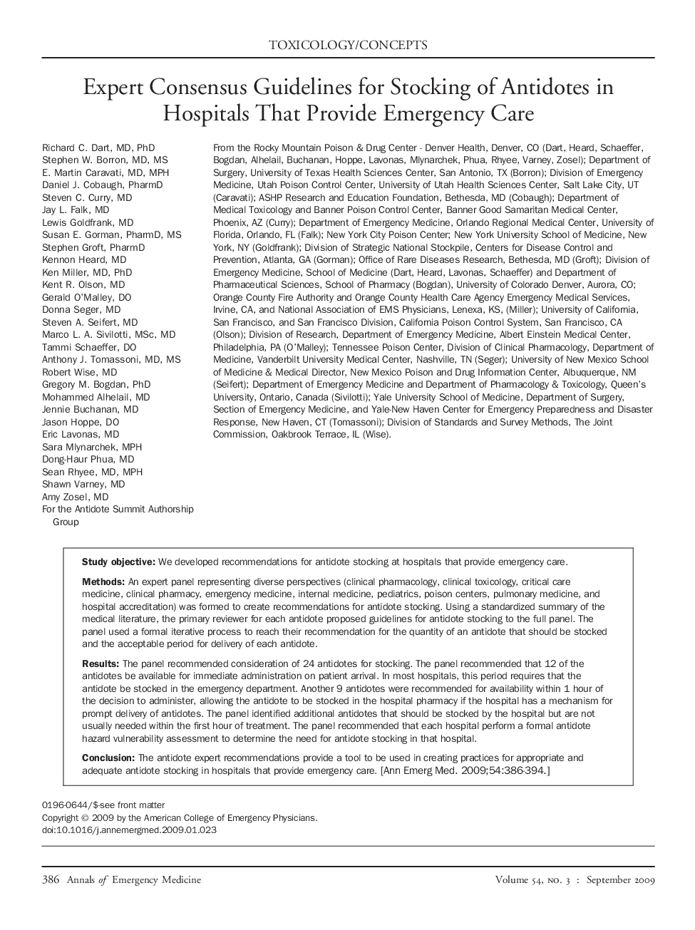 Expert Consensus Guidelines for Stocking of Antidotes in Hospitals That Provide Emergency Care