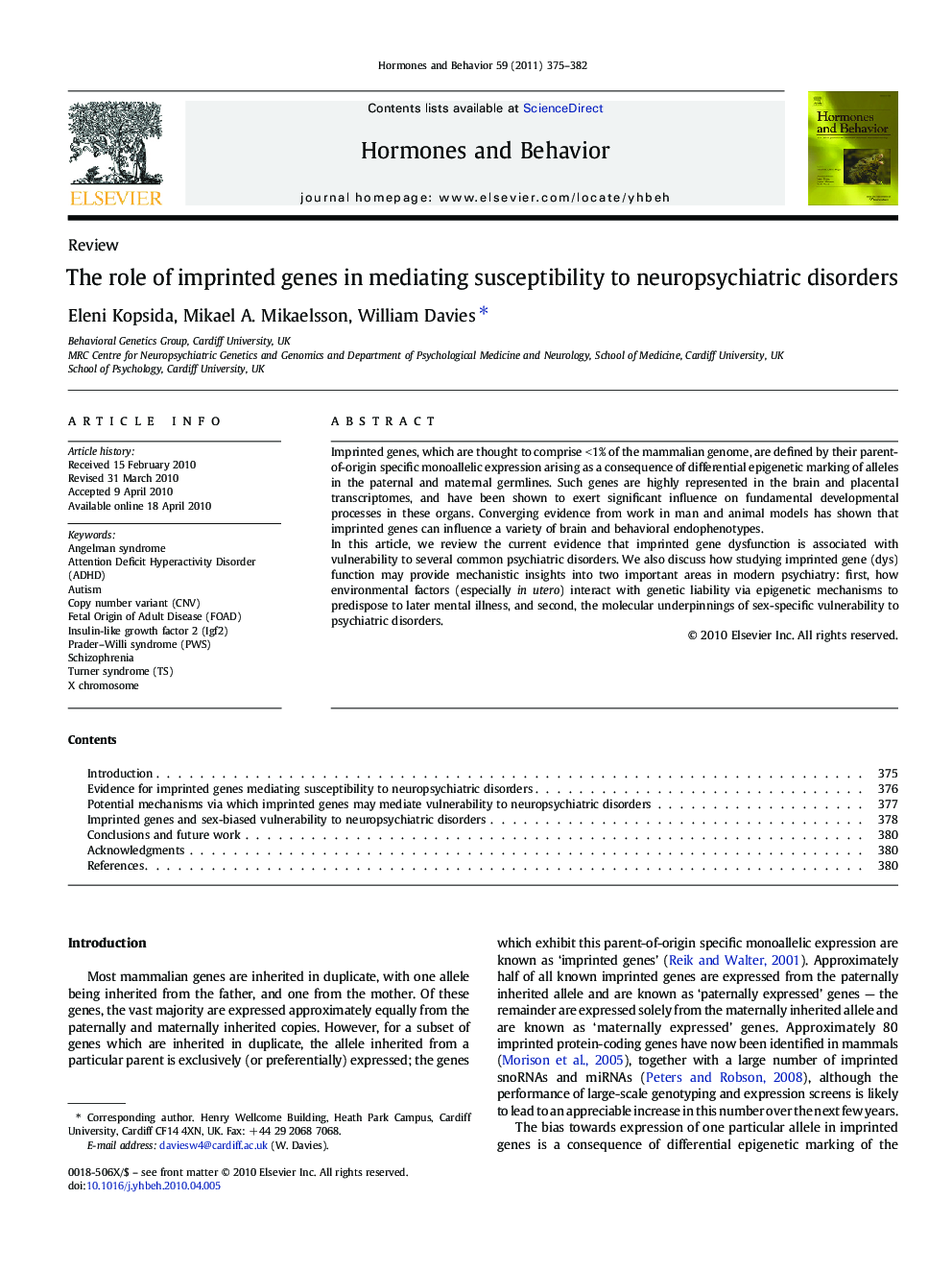 The role of imprinted genes in mediating susceptibility to neuropsychiatric disorders