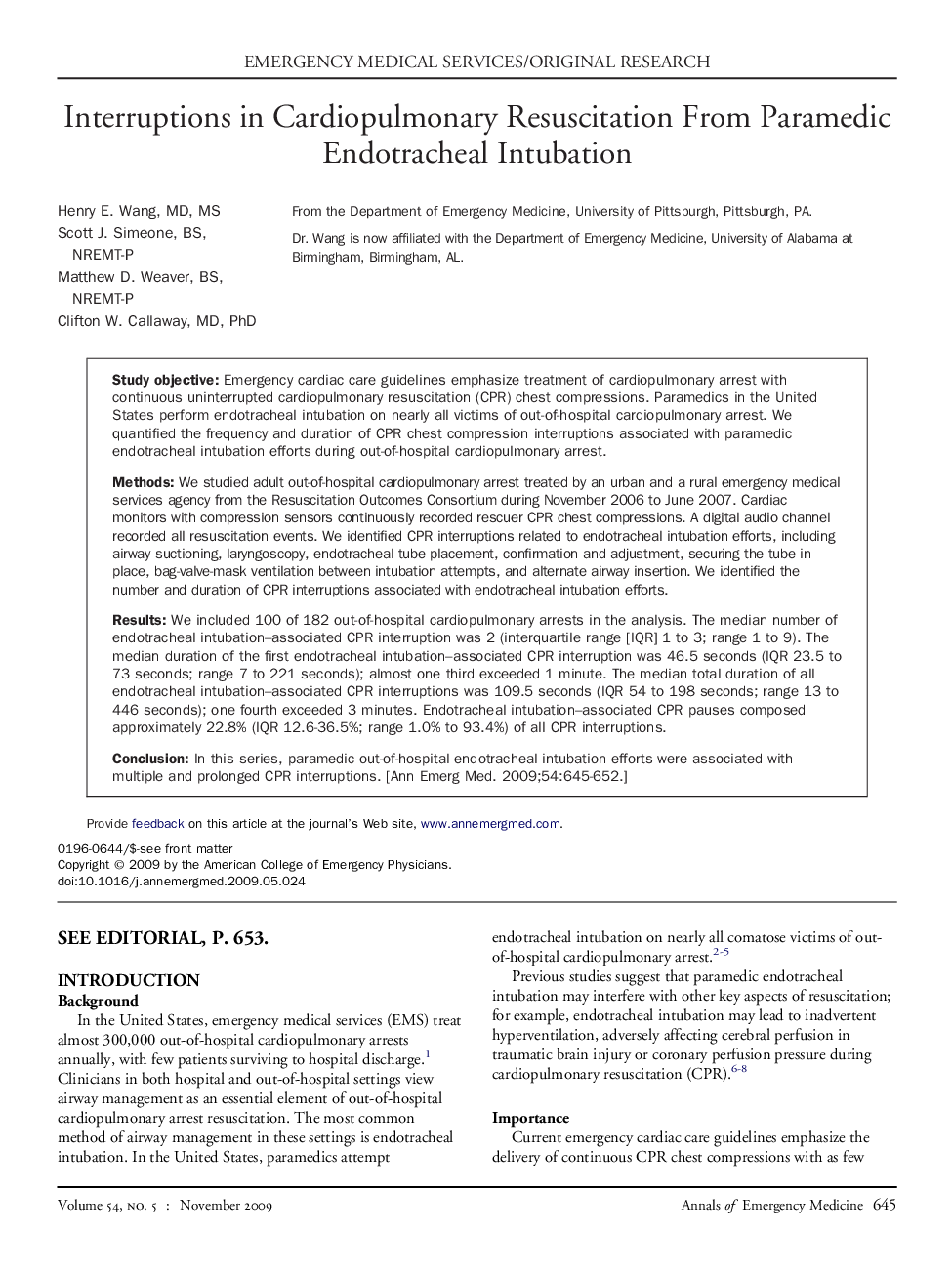 Interruptions in Cardiopulmonary Resuscitation From Paramedic Endotracheal Intubation