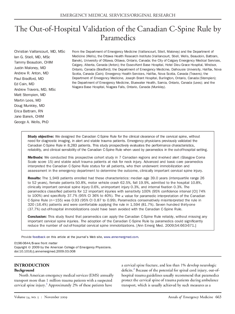 The Out-of-Hospital Validation of the Canadian C-Spine Rule by Paramedics