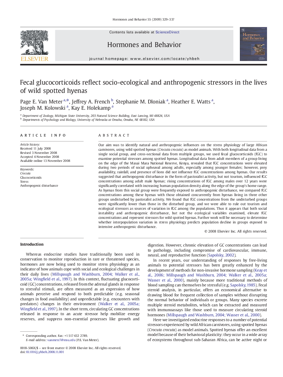 Fecal glucocorticoids reflect socio-ecological and anthropogenic stressors in the lives of wild spotted hyenas