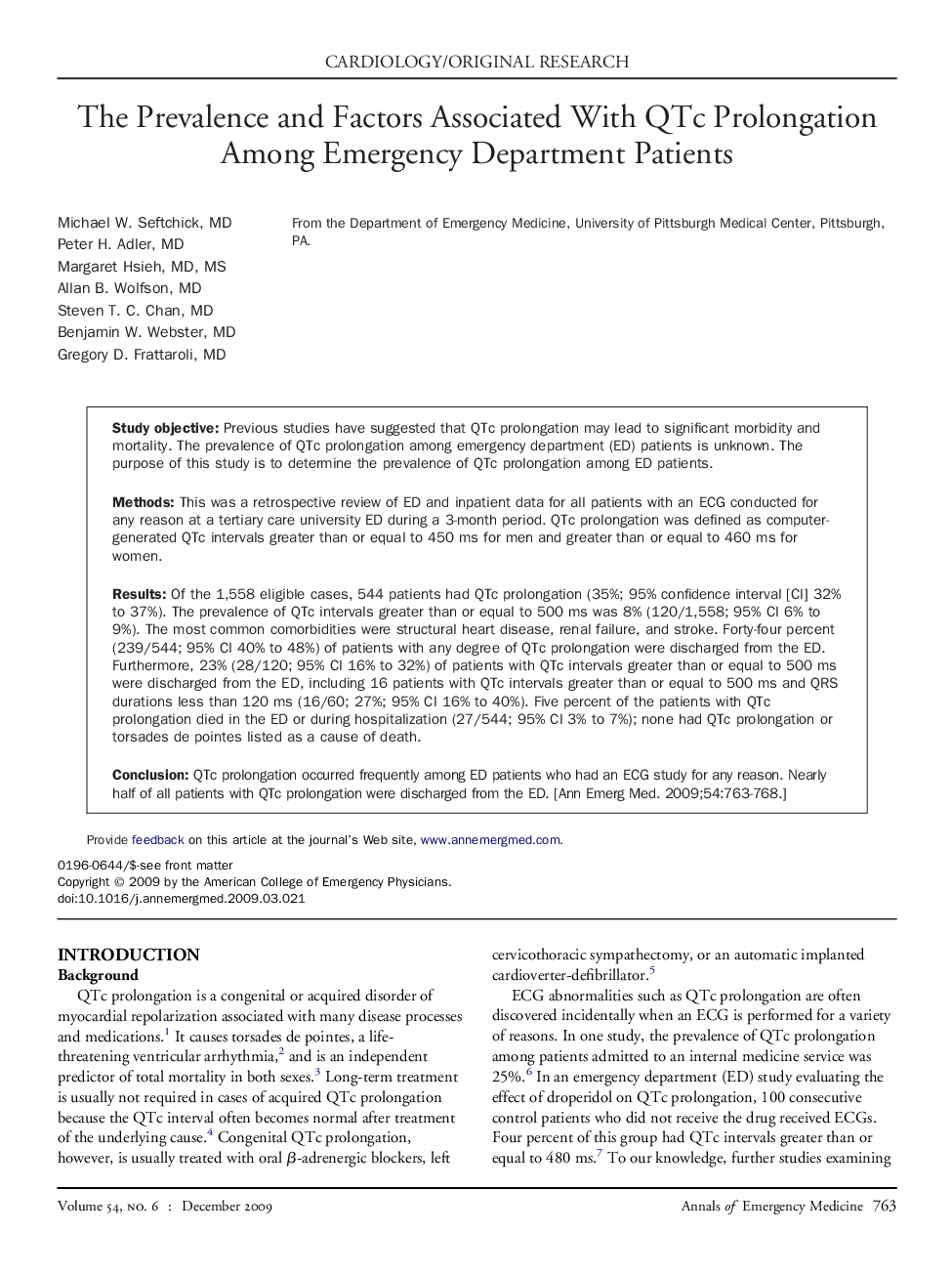 The Prevalence and Factors Associated With QTc Prolongation Among Emergency Department Patients 