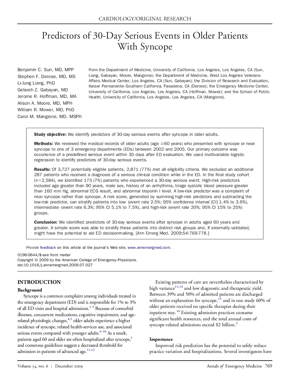 Predictors of 30-Day Serious Events in Older Patients With Syncope