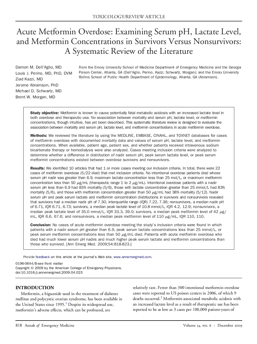 Acute Metformin Overdose: Examining Serum pH, Lactate Level, and Metformin Concentrations in Survivors Versus Nonsurvivors: A Systematic Review of the Literature 