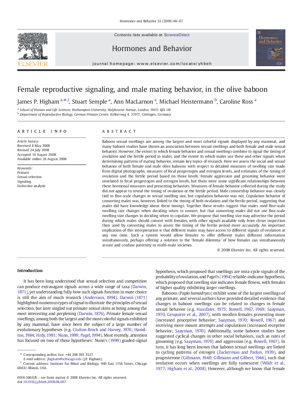 Female reproductive signaling, and male mating behavior, in the olive baboon