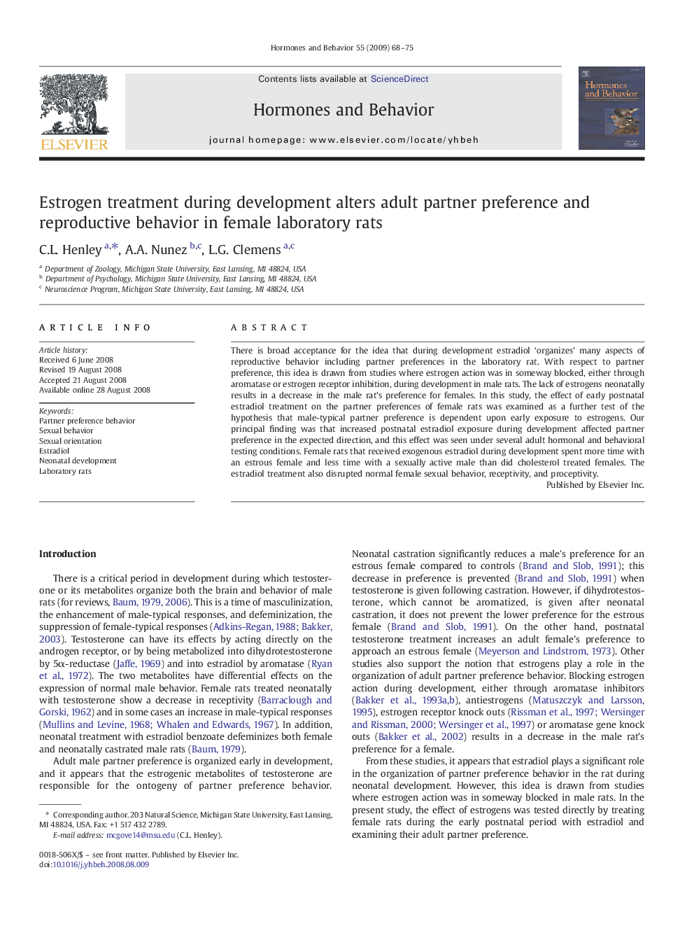 Estrogen treatment during development alters adult partner preference and reproductive behavior in female laboratory rats