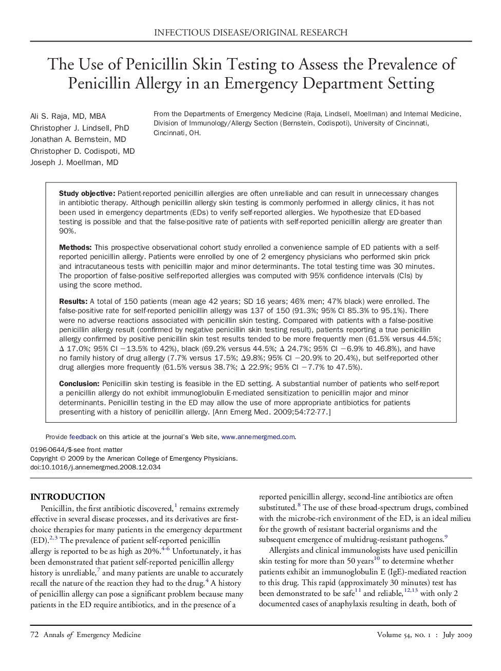 The Use of Penicillin Skin Testing to Assess the Prevalence of Penicillin Allergy in an Emergency Department Setting 