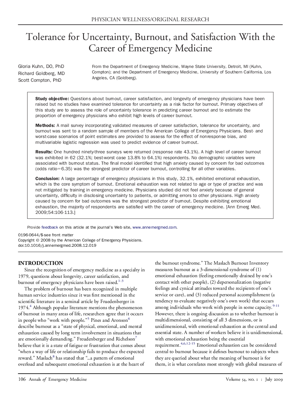 Tolerance for Uncertainty, Burnout, and Satisfaction With the Career of Emergency Medicine