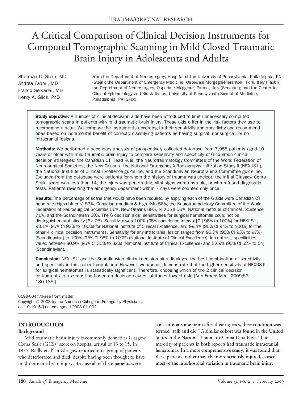 A Critical Comparison of Clinical Decision Instruments for Computed Tomographic Scanning in Mild Closed Traumatic Brain Injury in Adolescents and Adults 