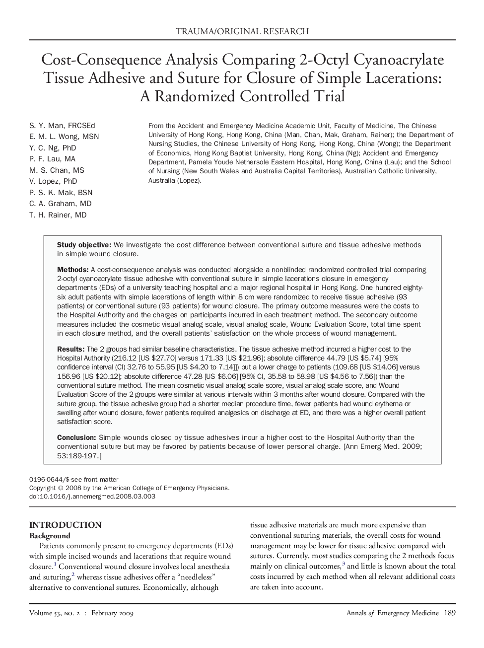 Cost-Consequence Analysis Comparing 2-Octyl Cyanoacrylate Tissue Adhesive and Suture for Closure of Simple Lacerations: A Randomized Controlled Trial 