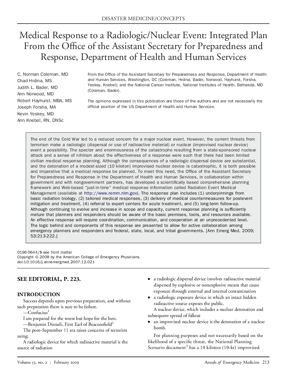 Medical Response to a Radiologic/Nuclear Event: Integrated Plan From the Office of the Assistant Secretary for Preparedness and Response, Department of Health and Human Services 