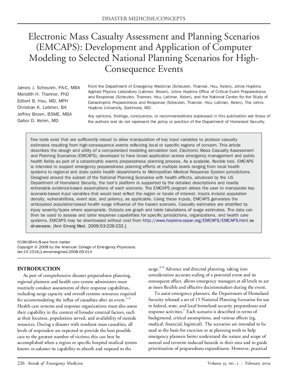 Electronic Mass Casualty Assessment and Planning Scenarios (EMCAPS): Development and Application of Computer Modeling to Selected National Planning Scenarios for High-Consequence Events