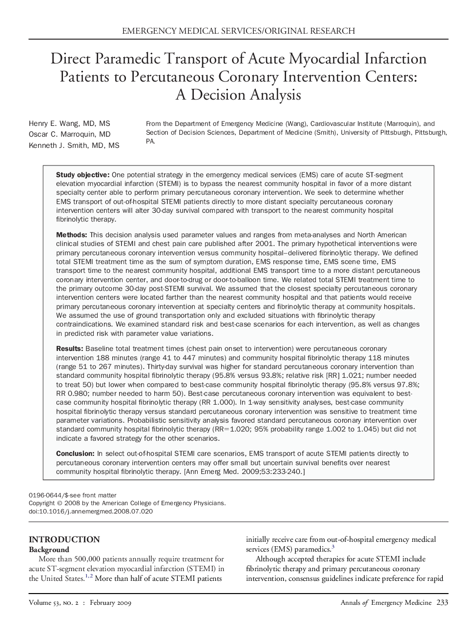 Direct Paramedic Transport of Acute Myocardial Infarction Patients to Percutaneous Coronary Intervention Centers: A Decision Analysis