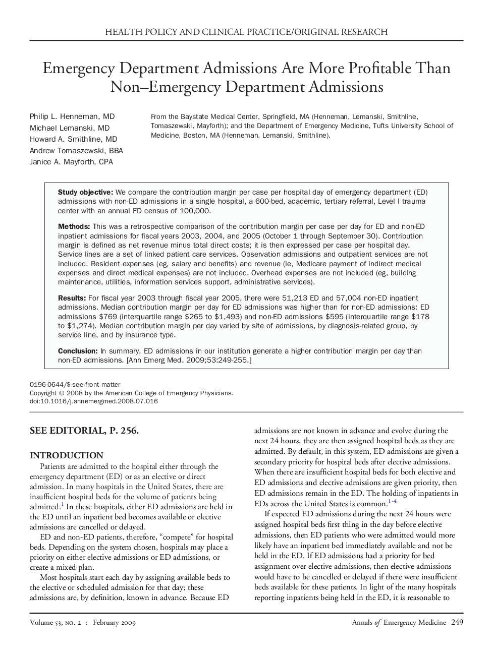 Emergency Department Admissions Are More Profitable Than Non-Emergency Department Admissions