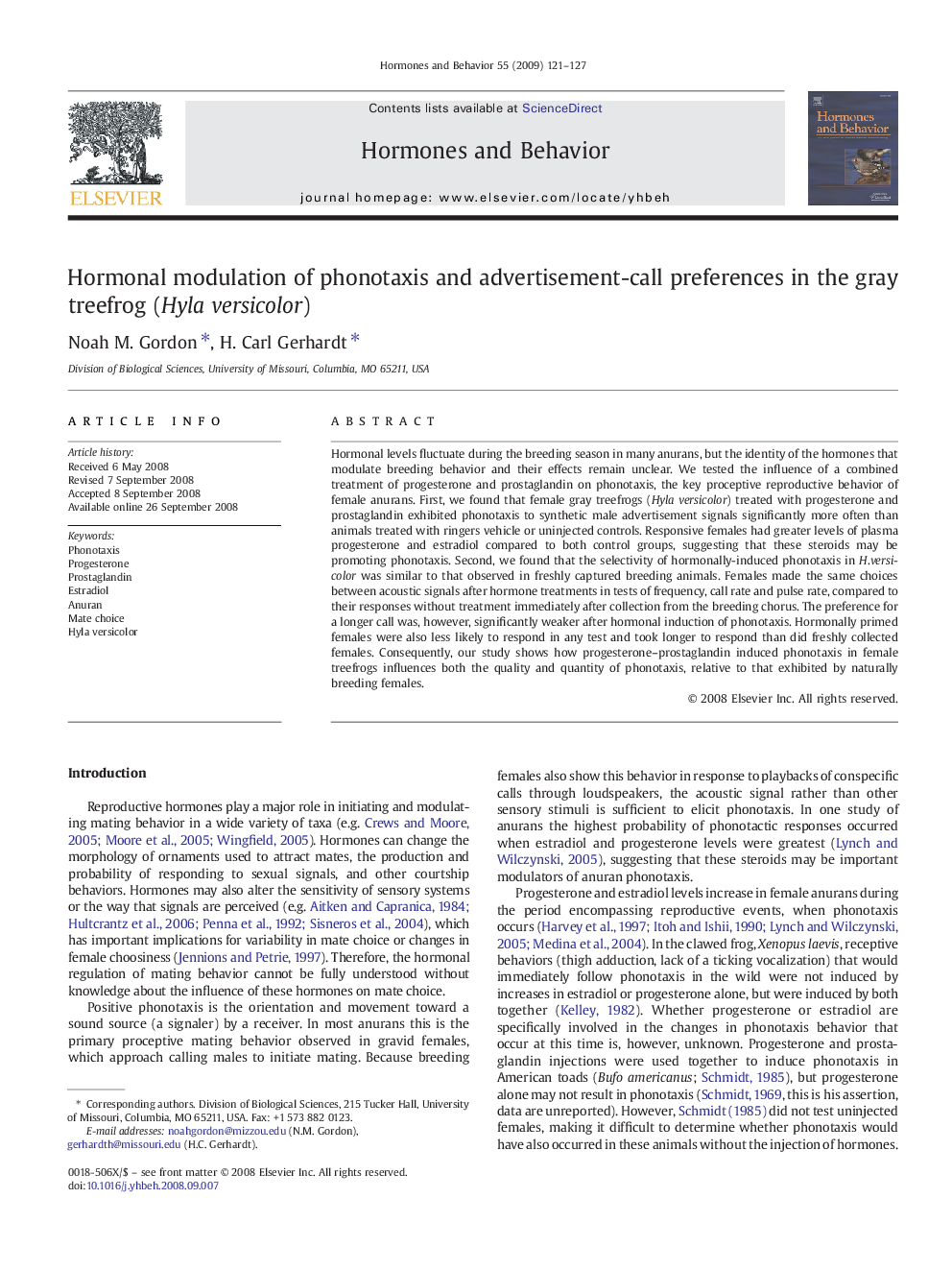 Hormonal modulation of phonotaxis and advertisement-call preferences in the gray treefrog (Hyla versicolor)