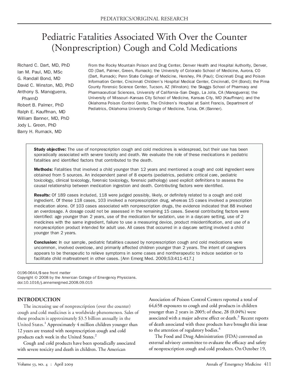 Pediatric Fatalities Associated With Over the Counter (Nonprescription) Cough and Cold Medications 