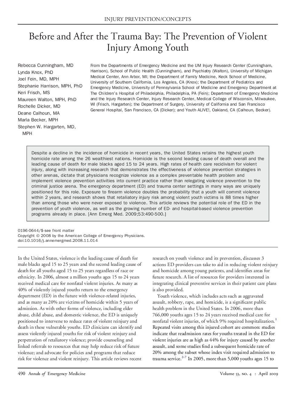 Before and After the Trauma Bay: The Prevention of Violent Injury Among Youth 