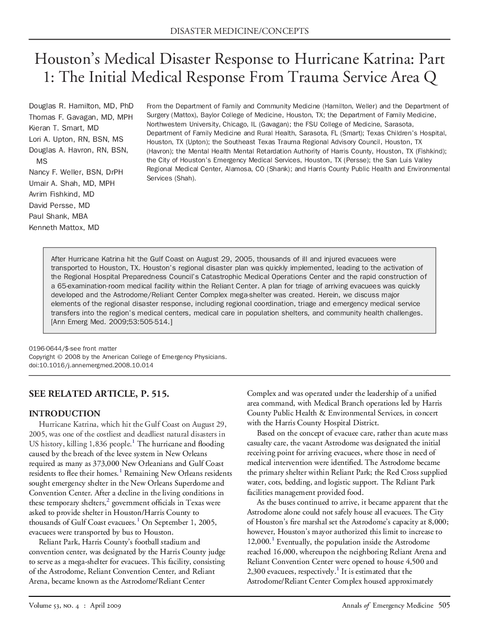 Houston's Medical Disaster Response to Hurricane Katrina: Part 1: The Initial Medical Response From Trauma Service Area Q 