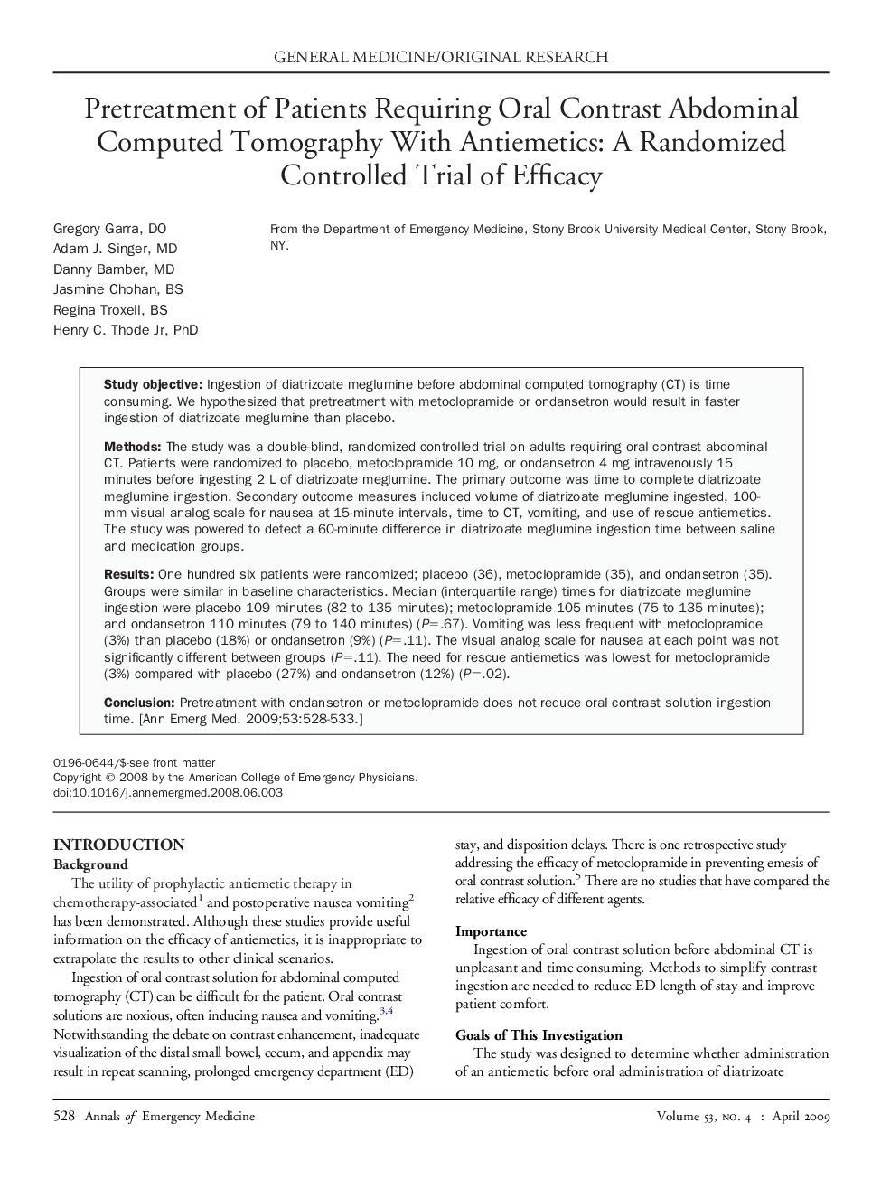 Pretreatment of Patients Requiring Oral Contrast Abdominal Computed Tomography With Antiemetics: A Randomized Controlled Trial of Efficacy 