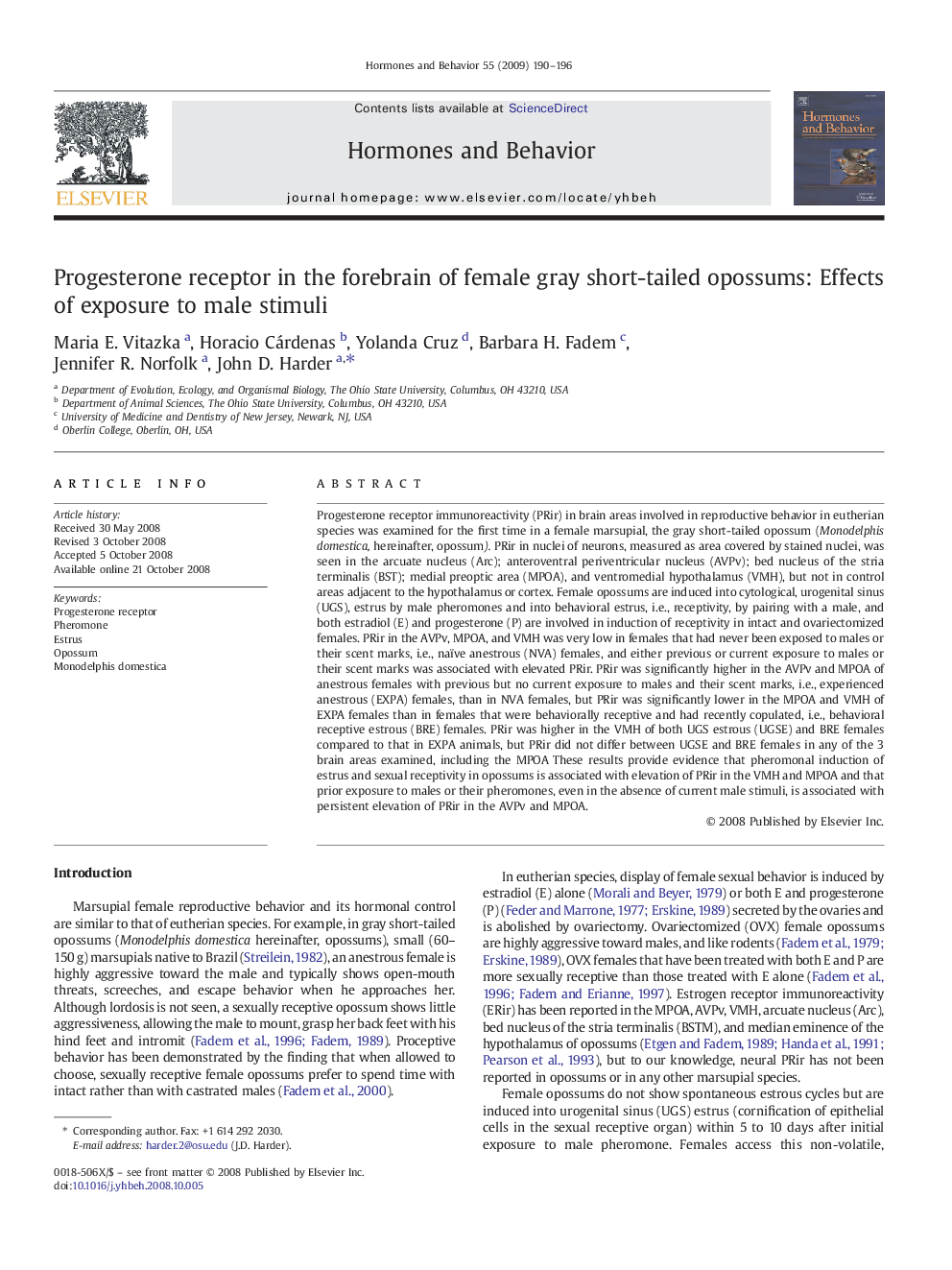 Progesterone receptor in the forebrain of female gray short-tailed opossums: Effects of exposure to male stimuli