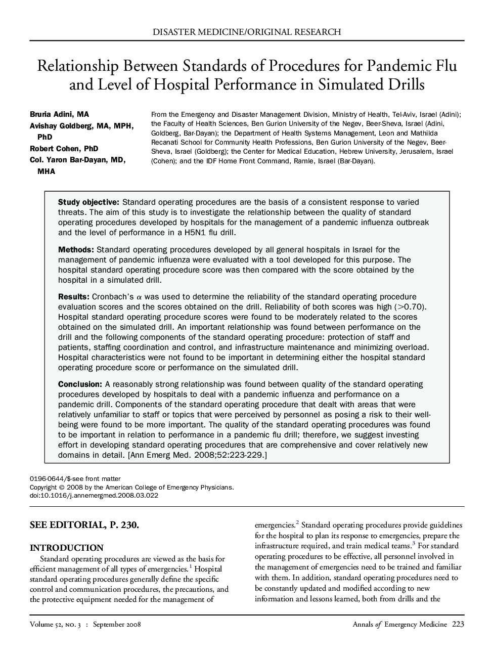 Relationship Between Standards of Procedures for Pandemic Flu and Level of Hospital Performance in Simulated Drills 