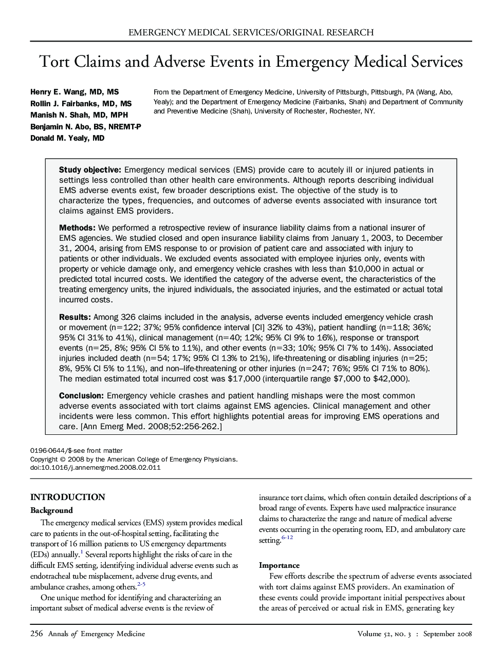 Tort Claims and Adverse Events in Emergency Medical Services 