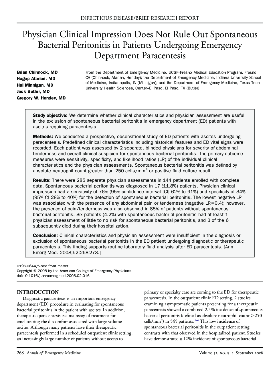 Physician Clinical Impression Does Not Rule Out Spontaneous Bacterial Peritonitis in Patients Undergoing Emergency Department Paracentesis 