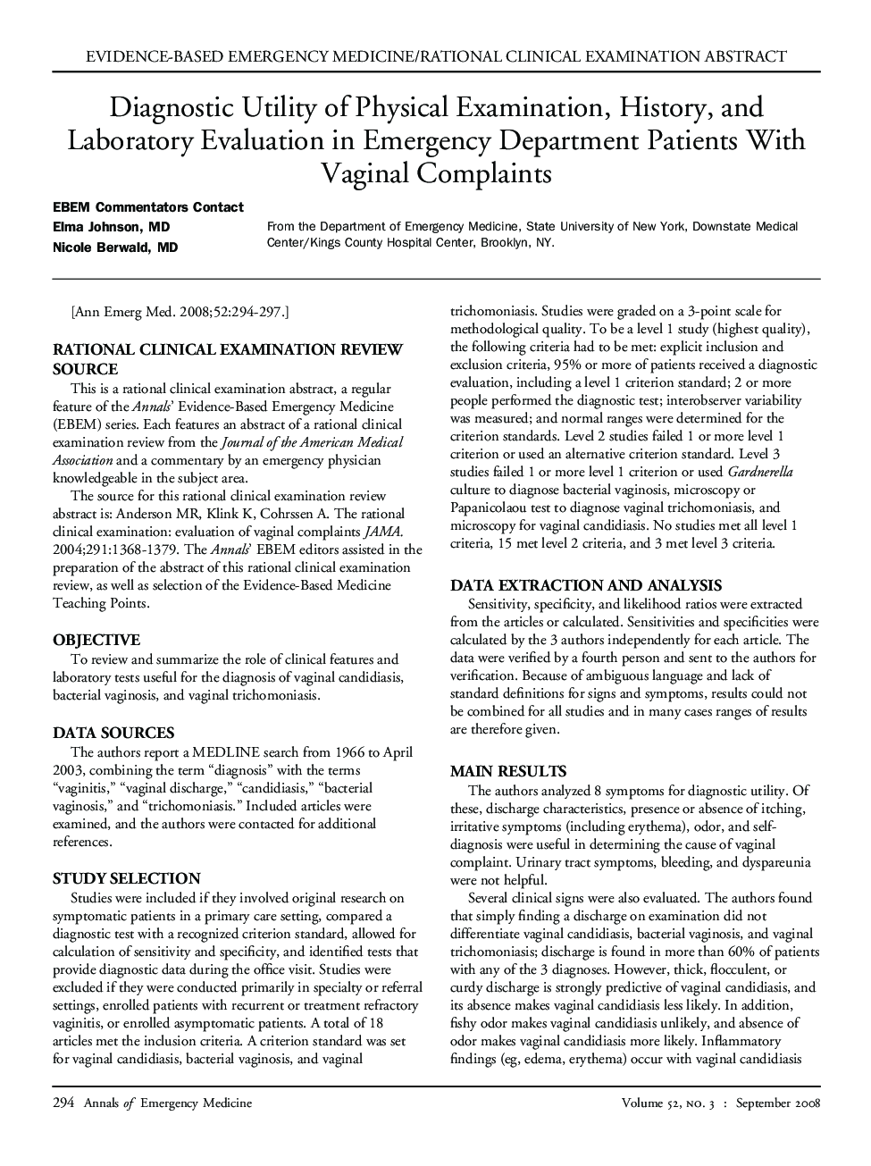 Diagnostic Utility of Physical Examination, History, and Laboratory Evaluation in Emergency Department Patients With Vaginal Complaints