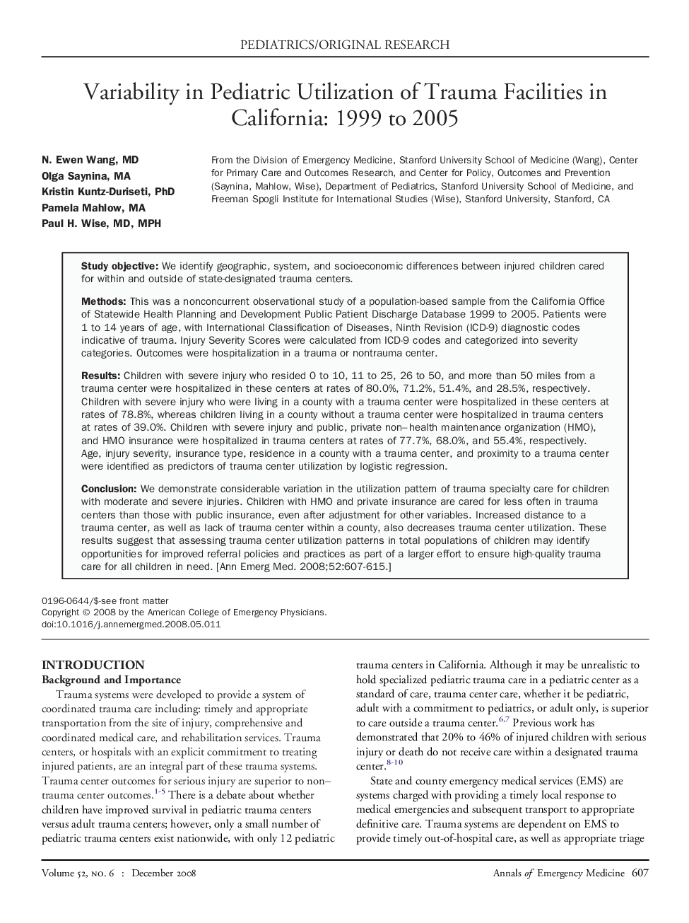 Variability in Pediatric Utilization of Trauma Facilities in California: 1999 to 2005 