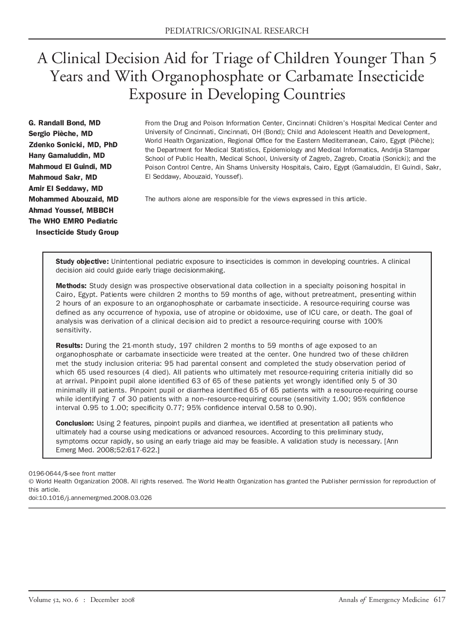 عکس صفحه اول مقاله: A Clinical Decision Aid for Triage of Children Younger Than 5 Years and With Organophosphate or Carbamate Insecticide Exposure in Developing Countries A Clinical Decision Aid for Triage of Children Younger Than 5 Years and With Organophosphate or Carbamate Insecticide Exposure in Developing Countries