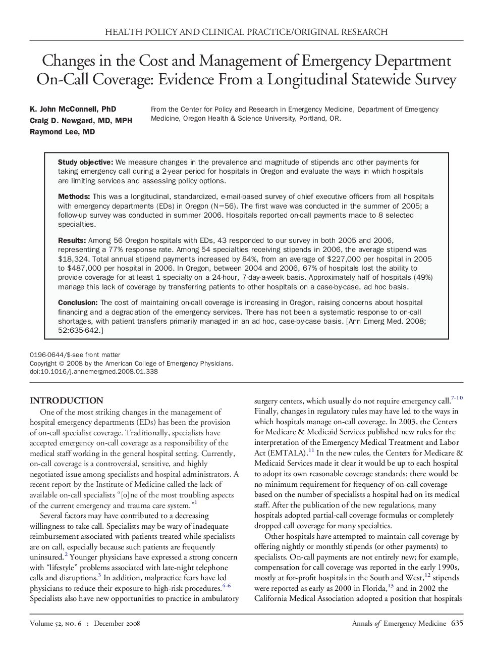 Changes in the Cost and Management of Emergency Department On-Call Coverage: Evidence From a Longitudinal Statewide Survey