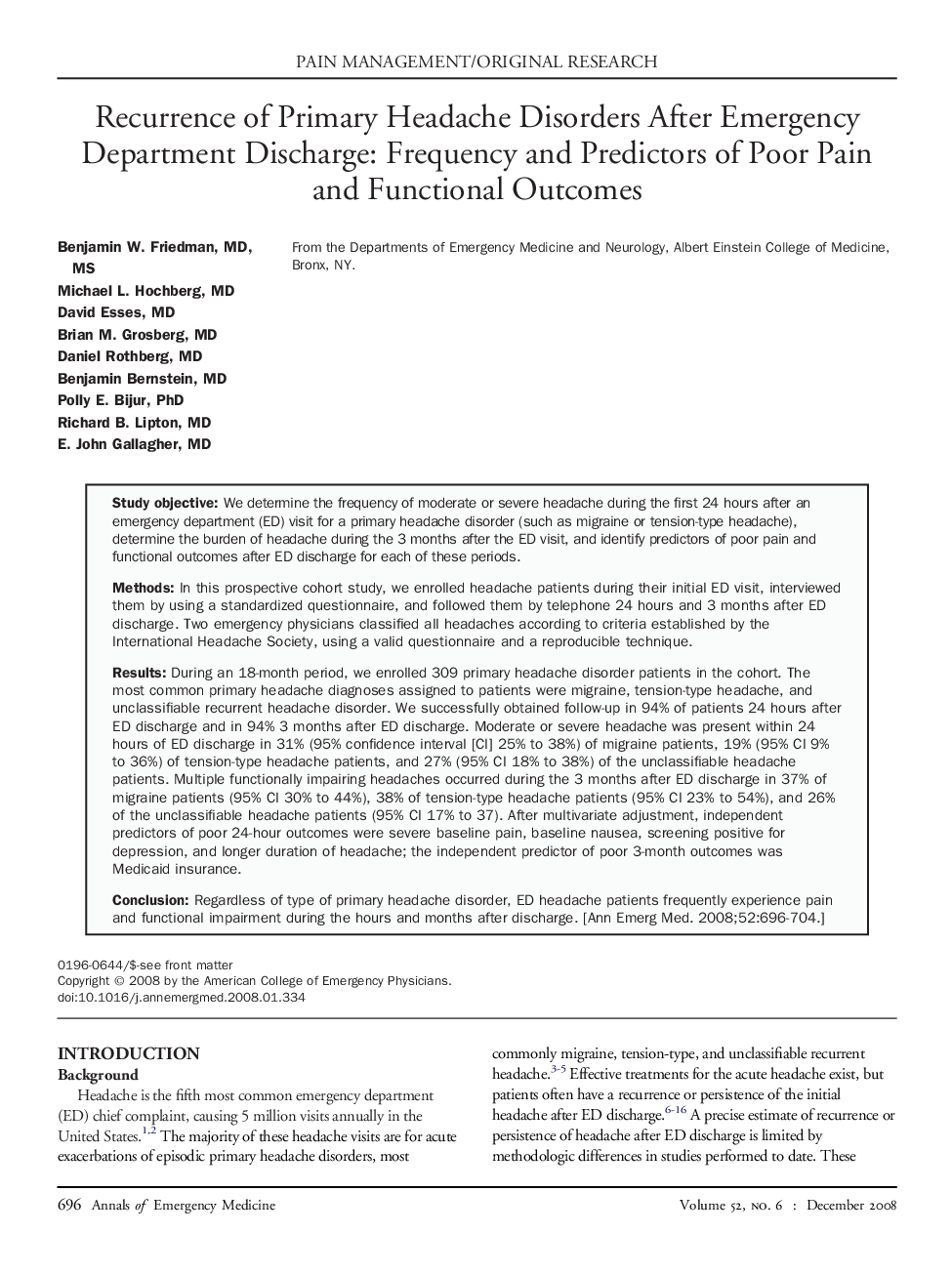 Recurrence of Primary Headache Disorders After Emergency Department Discharge: Frequency and Predictors of Poor Pain and Functional Outcomes 