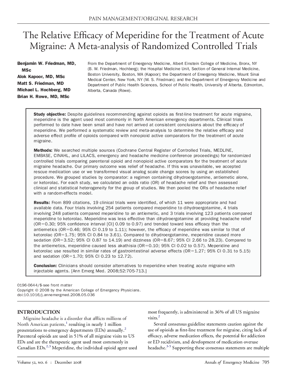 عکس صفحه اول مقاله: The Relative Efficacy of Meperidine for the Treatment of Acute Migraine: A Meta-analysis of Randomized Controlled Trials The Relative Efficacy of Meperidine for the Treatment of Acute Migraine: A Meta-analysis of Randomized Controlled Trials