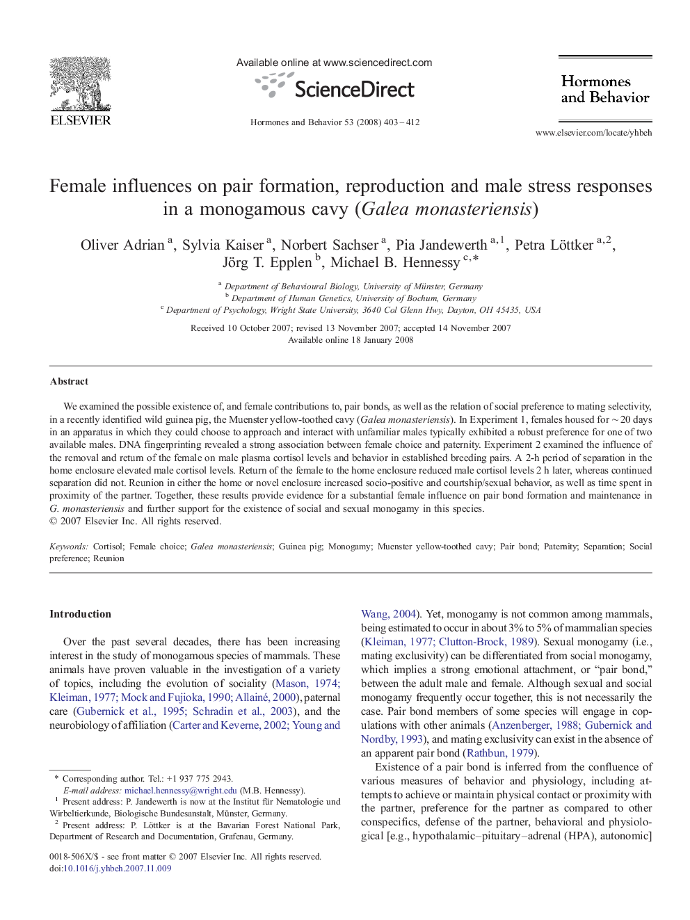 Female influences on pair formation, reproduction and male stress responses in a monogamous cavy (Galea monasteriensis)