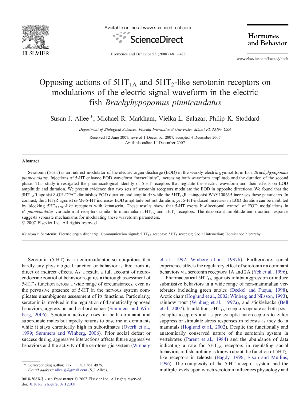 Opposing actions of 5HT1A and 5HT2-like serotonin receptors on modulations of the electric signal waveform in the electric fish Brachyhypopomus pinnicaudatus