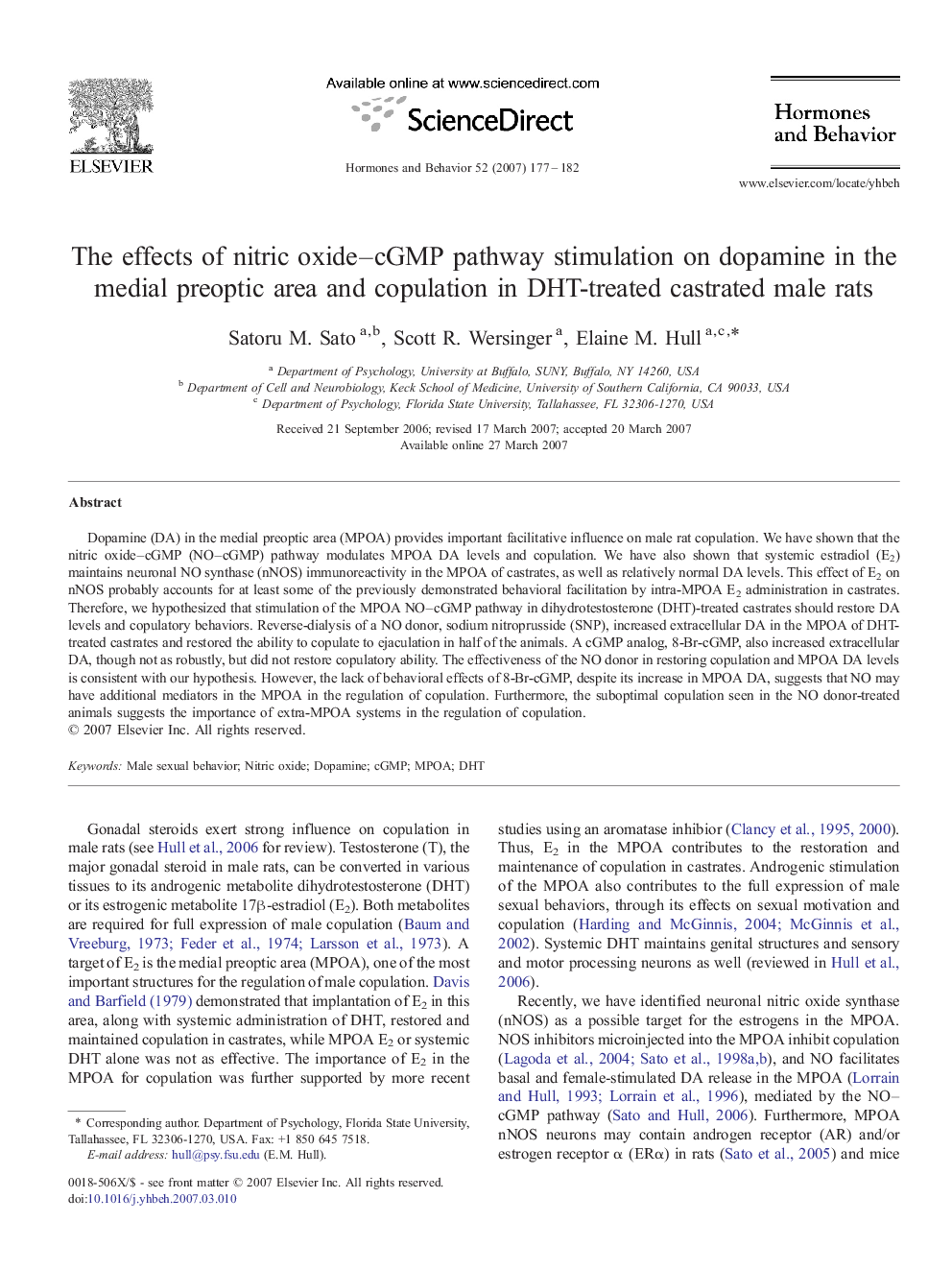 The effects of nitric oxide–cGMP pathway stimulation on dopamine in the medial preoptic area and copulation in DHT-treated castrated male rats