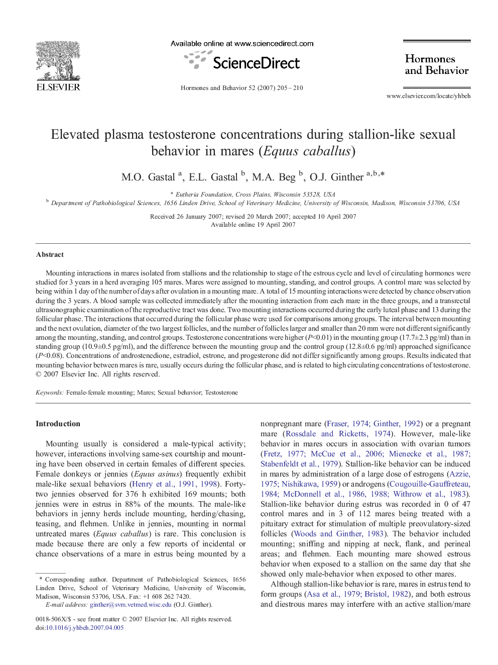 Elevated plasma testosterone concentrations during stallion-like sexual behavior in mares (Equus caballus)