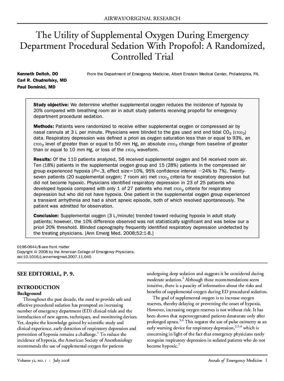 The Utility of Supplemental Oxygen During Emergency Department Procedural Sedation With Propofol: A Randomized, Controlled Trial 