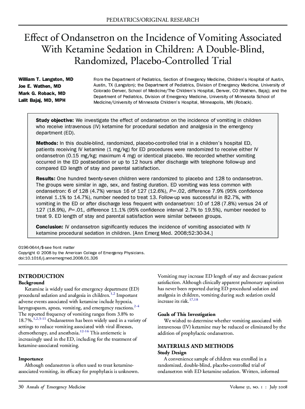 Effect of Ondansetron on the Incidence of Vomiting Associated With Ketamine Sedation in Children: A Double-Blind, Randomized, Placebo-Controlled Trial 