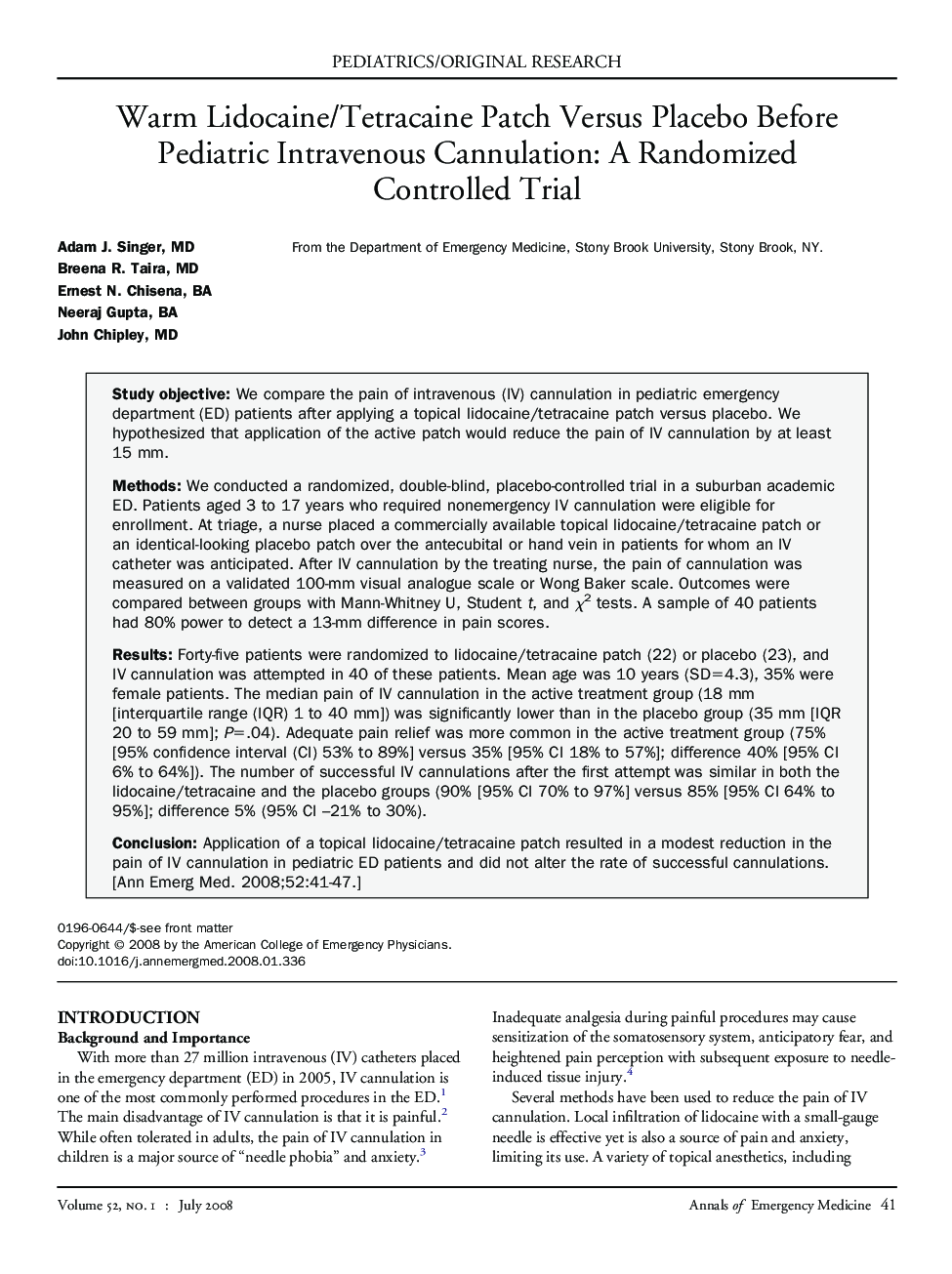 Warm Lidocaine/Tetracaine Patch Versus Placebo Before Pediatric Intravenous Cannulation: A Randomized Controlled Trial 