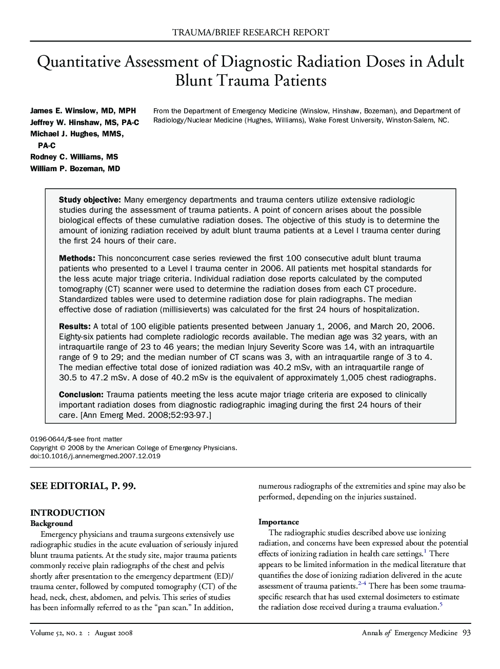 Quantitative Assessment of Diagnostic Radiation Doses in Adult Blunt Trauma Patients 